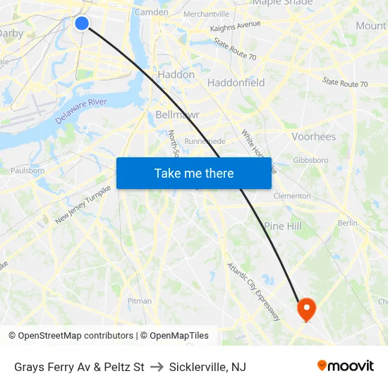 Grays Ferry Av & Peltz St to Sicklerville, NJ map