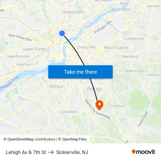 Lehigh Av & 7th St to Sicklerville, NJ map