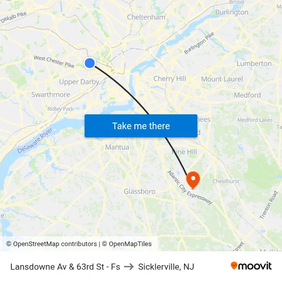 Lansdowne Av & 63rd St - Fs to Sicklerville, NJ map
