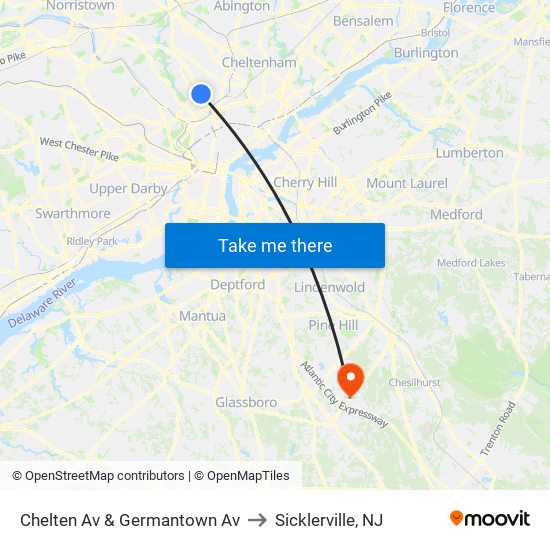Chelten Av & Germantown Av to Sicklerville, NJ map