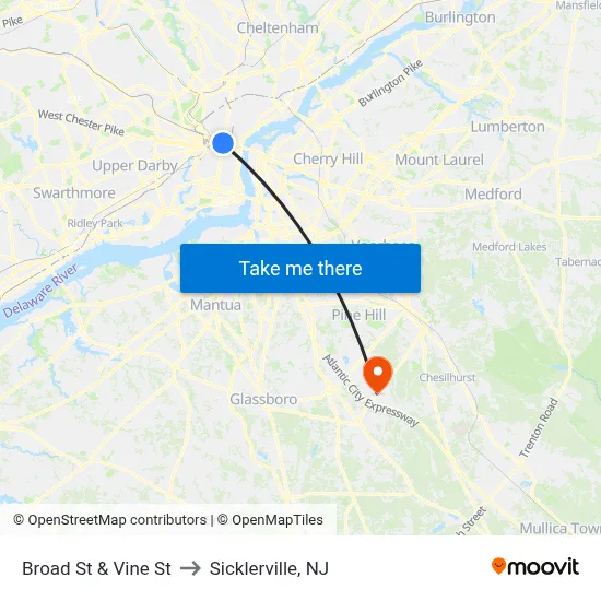 Broad St & Vine St to Sicklerville, NJ map