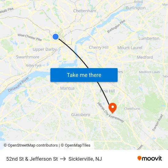 52nd St & Jefferson St to Sicklerville, NJ map