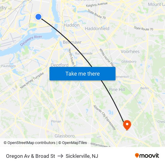 Oregon Av & Broad St to Sicklerville, NJ map