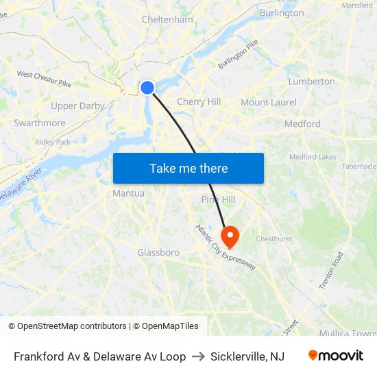 Frankford Av & Delaware Av Loop to Sicklerville, NJ map