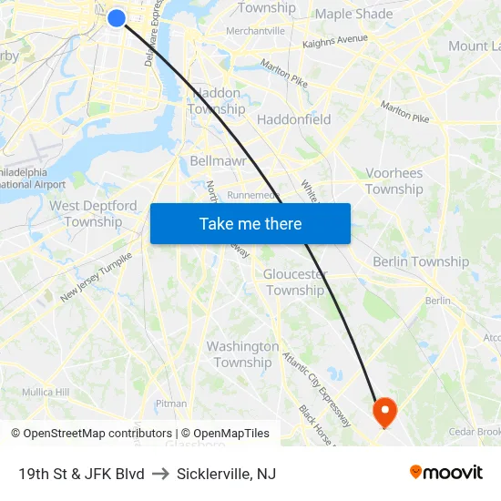 19th St & JFK Blvd to Sicklerville, NJ map