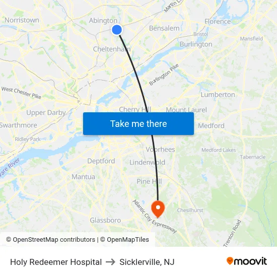 Holy Redeemer Hospital to Sicklerville, NJ map
