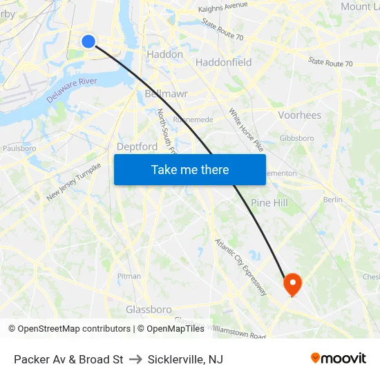 Packer Av & Broad St to Sicklerville, NJ map