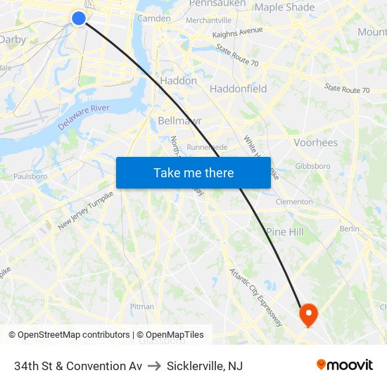 34th St & Convention Av to Sicklerville, NJ map