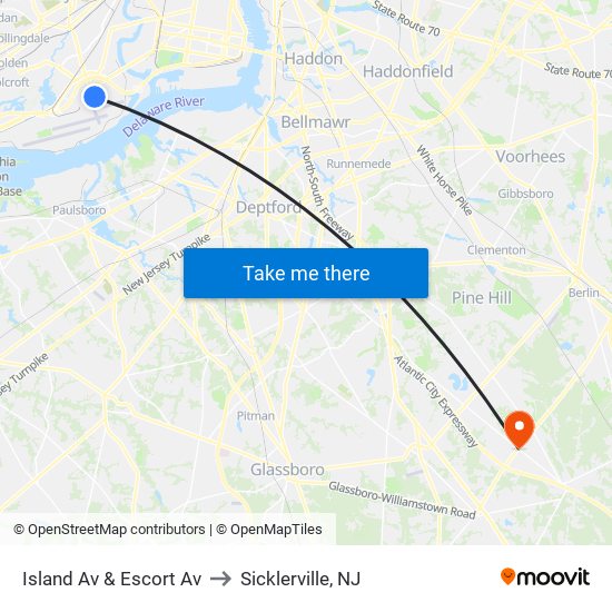 Island Av & Escort Av to Sicklerville, NJ map