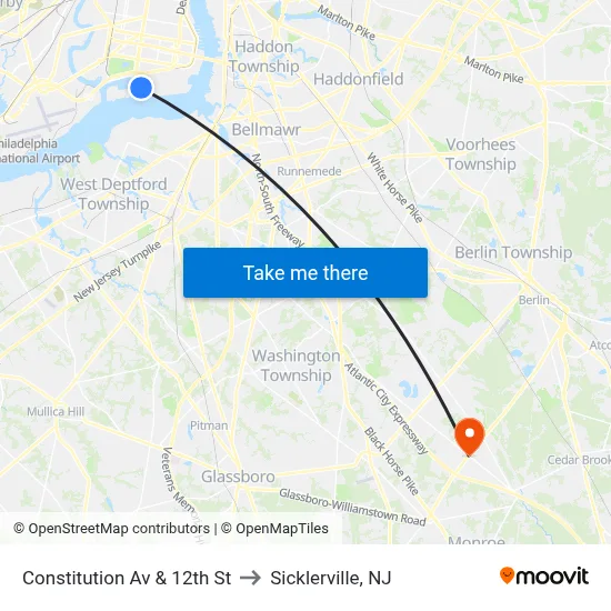 Constitution Av & 12th St to Sicklerville, NJ map
