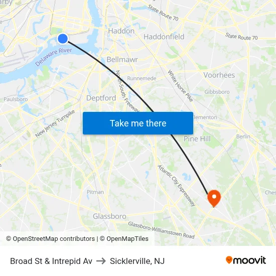 Broad St & Intrepid Av to Sicklerville, NJ map