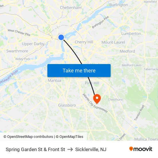 Spring Garden St & Front St to Sicklerville, NJ map