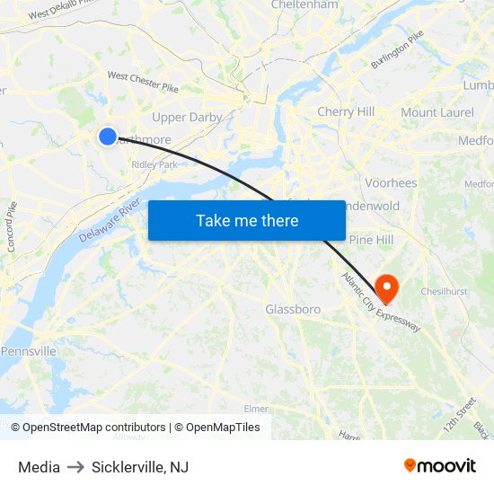 Media to Sicklerville, NJ map