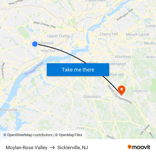 Moylan-Rose Valley to Sicklerville, NJ map