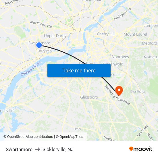 Swarthmore to Sicklerville, NJ map