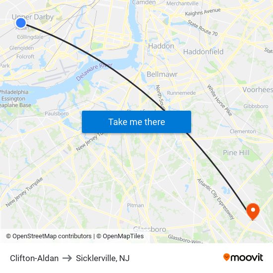 Clifton-Aldan to Sicklerville, NJ map