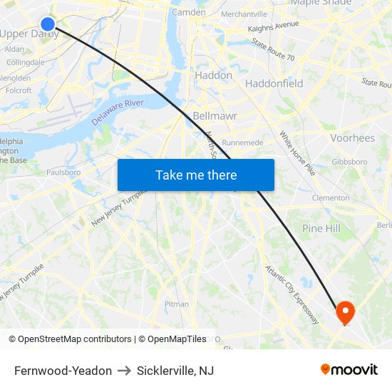 Fernwood-Yeadon to Sicklerville, NJ map