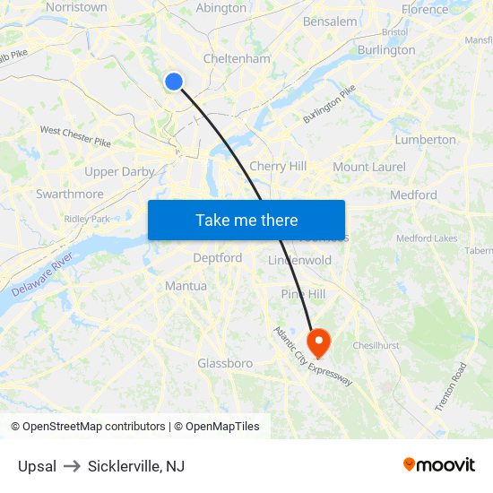 Upsal to Sicklerville, NJ map