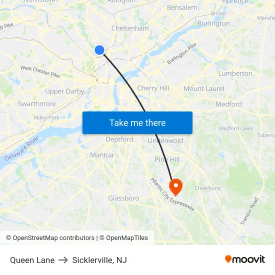 Queen Lane to Sicklerville, NJ map