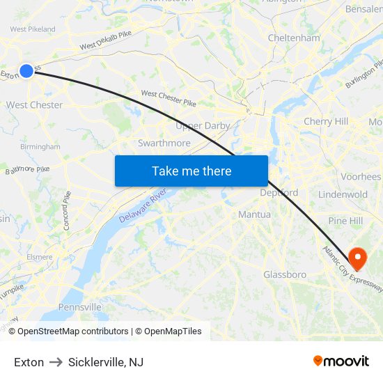 Exton to Sicklerville, NJ map