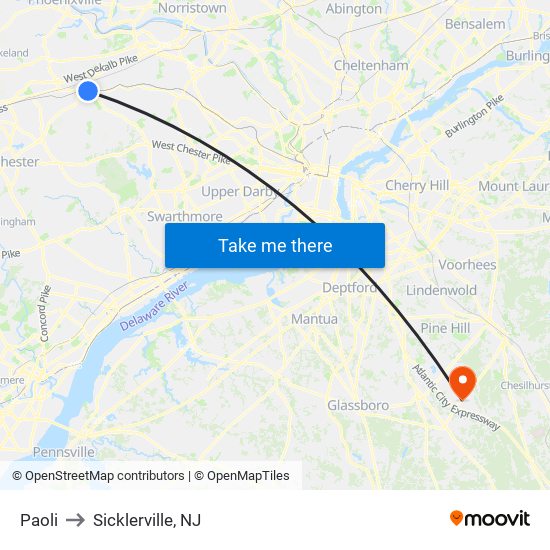 Paoli to Sicklerville, NJ map