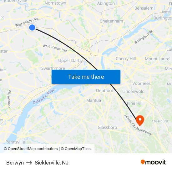 Berwyn to Sicklerville, NJ map