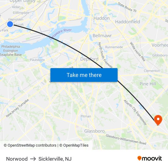 Norwood to Sicklerville, NJ map