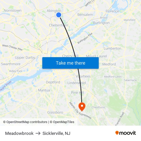 Meadowbrook to Sicklerville, NJ map