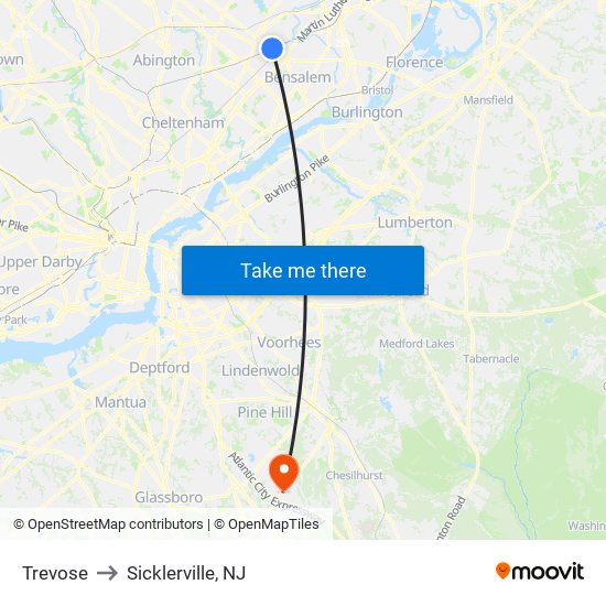 Trevose to Sicklerville, NJ map