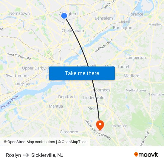 Roslyn to Sicklerville, NJ map