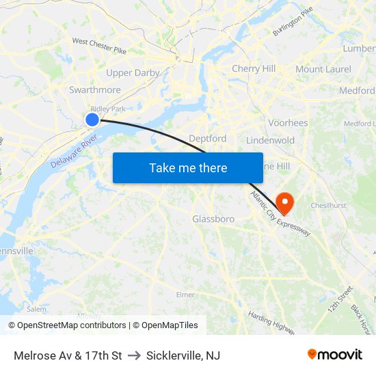 Melrose Av & 17th St to Sicklerville, NJ map