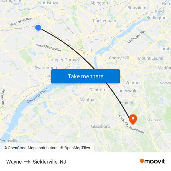 Wayne to Sicklerville, NJ map