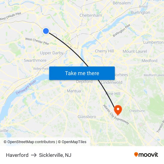 Haverford to Sicklerville, NJ map