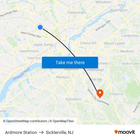 Ardmore Station to Sicklerville, NJ map