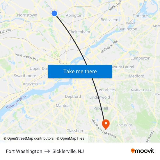 Fort Washington to Sicklerville, NJ map