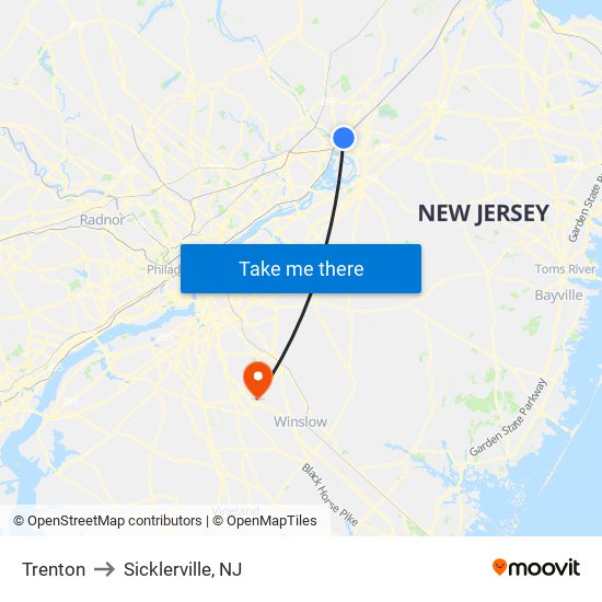 Trenton to Sicklerville, NJ map