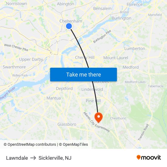 Lawndale to Sicklerville, NJ map
