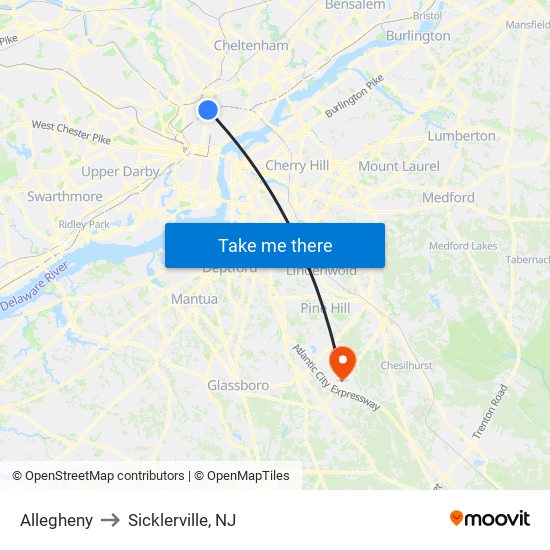 Allegheny to Sicklerville, NJ map