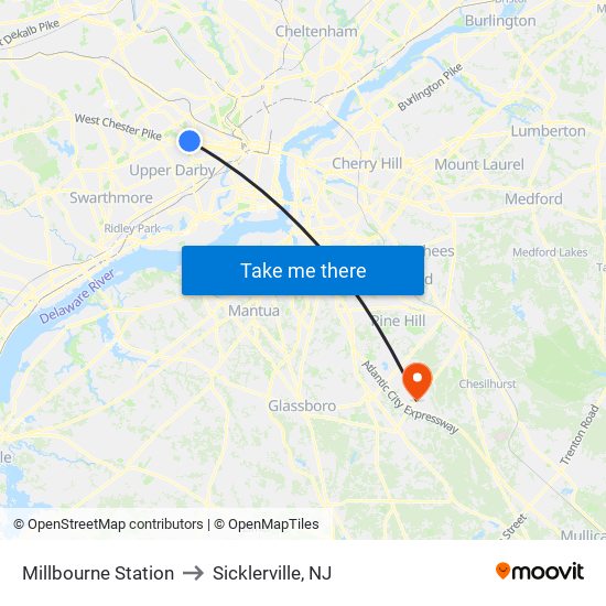 Millbourne Station to Sicklerville, NJ map