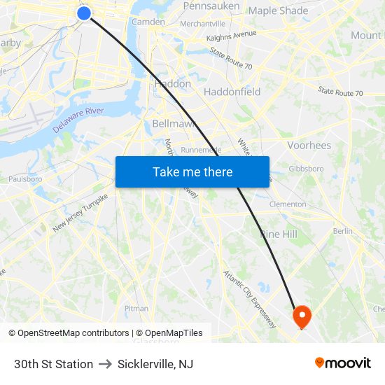 30th St Station to Sicklerville, NJ map
