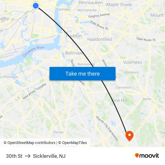 30th St to Sicklerville, NJ map
