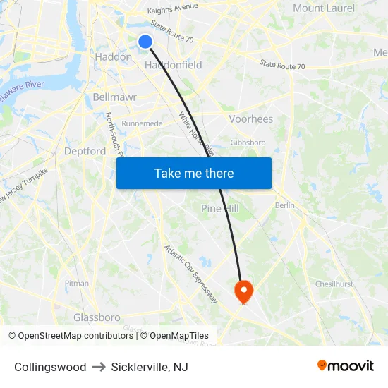Collingswood to Sicklerville, NJ map
