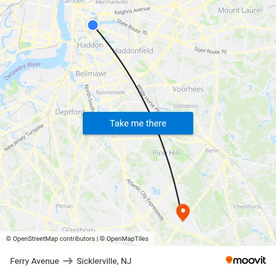 Ferry Avenue to Sicklerville, NJ map