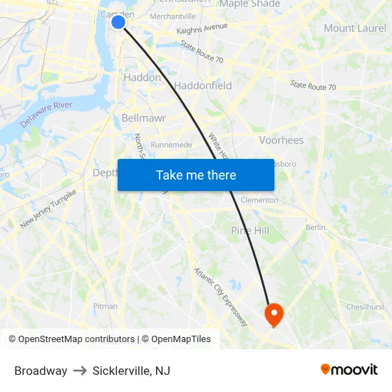 Broadway to Sicklerville, NJ map