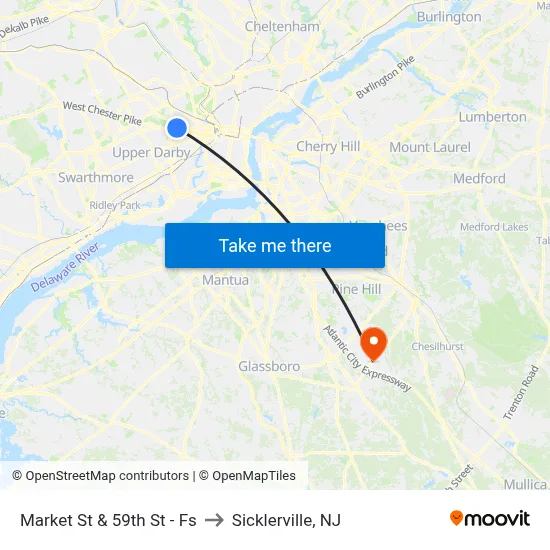 Market St & 59th St - Fs to Sicklerville, NJ map