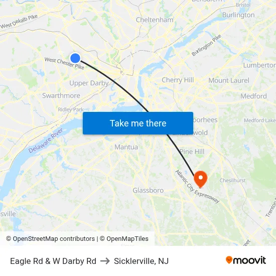 Eagle Rd & W Darby Rd to Sicklerville, NJ map
