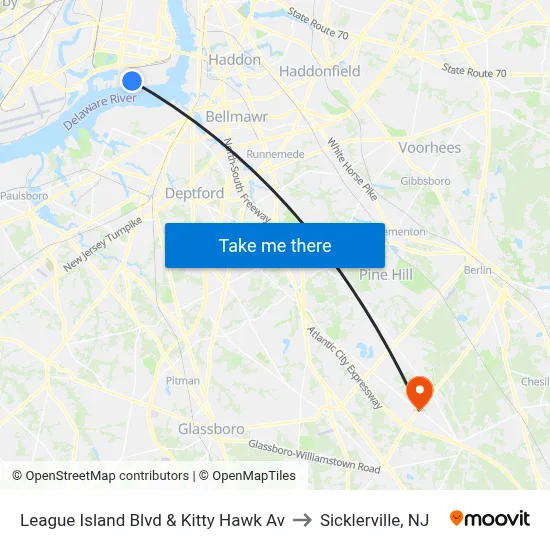 League Island Blvd & Kitty Hawk Av to Sicklerville, NJ map