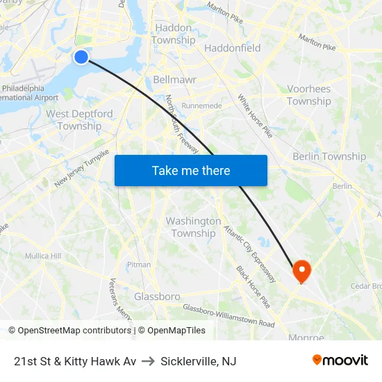 21st St & Kitty Hawk Av to Sicklerville, NJ map