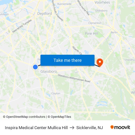 Inspira Medical Center Mullica Hill to Sicklerville, NJ map