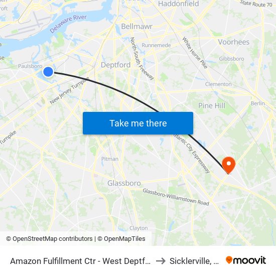 Amazon Fulfillment Ctr - West Deptford to Sicklerville, NJ map